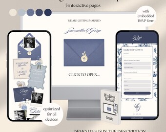 Old Money Blue & Ivory Wedding Website Template, Classic Timeless Elegant Wedding, RSVP Website, Save The Date (Canva Template)