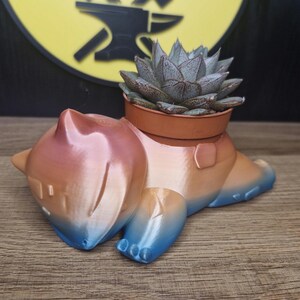 May include: A brown and blue ceramic planter shaped like a sleeping cat with a succulent plant growing in it.