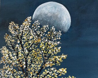 Moon and Clouds Acrylic Painting With Trees and Stars Acrylic on Canvas ...