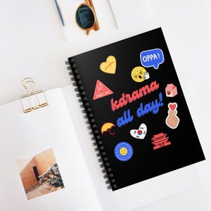 Black K-Drama All Day Spiral Notebook: Kawaii Stickers