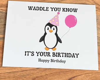 Verjaardagsgroet pinguïn, illustratie grappige dierenwoordspeling