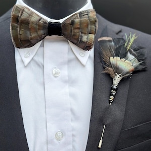 Handmade Dark Gray Turkey Feather Bow Tie & Boutonniere Set – Wedding Groom, Prom Accessory