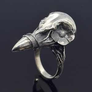 Raven Skull Silver Ring, Crow Bird Goth Jewelry
