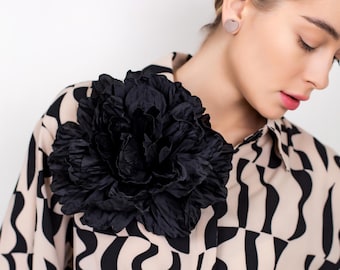 Handmade Large Black Silk Flower Brooch: Statement Pin
