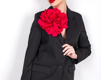 Handmade Large Red Silk Flower Brooch: Statement Pin