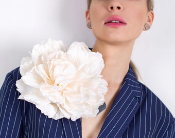 Handmade Large Ivory Silk Flower Brooch: Statement Pin