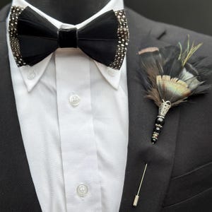 Black Feather Bow Tie & Boutonniere Set – Elegant Handmade Formal Accessory