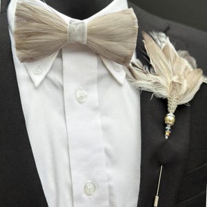 Gray Handmade Feather Bow Tie & Boutonniere – Rustic Wedding, Formal Accessory