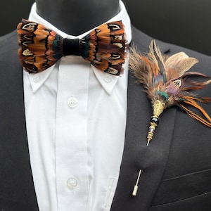Brown Feather Bow Tie and Boutonniere Set – Handmade Wedding Groom Accessory