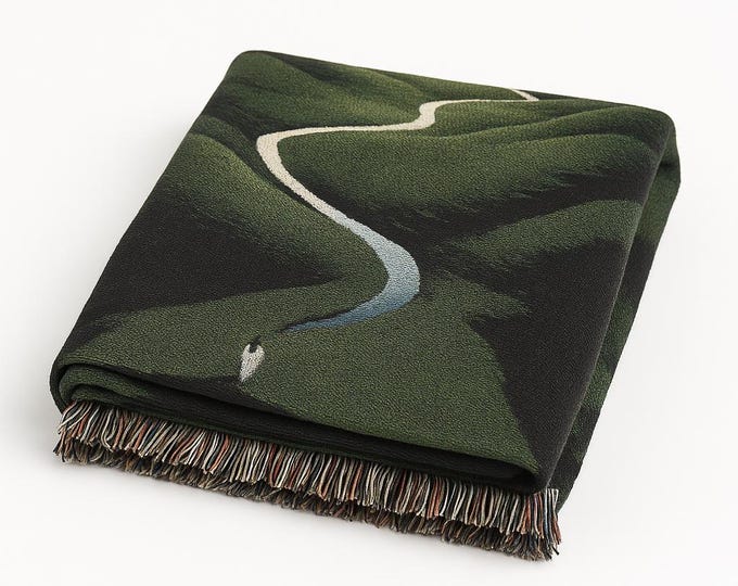Woven Cotton Blanket: Winding River Art Throw, Green Landscape Decor