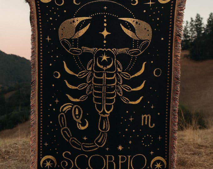 Scorpio Zodiac Woven Blanket - 100% Cotton Tapestry - Home Decor, Astrology Woven Bedspread
