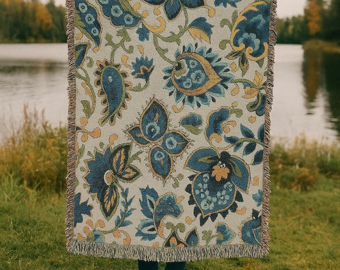 Blue Yellow Floral Woven Blanket – Vintage Botanical Tapestry | Boho Home Gift