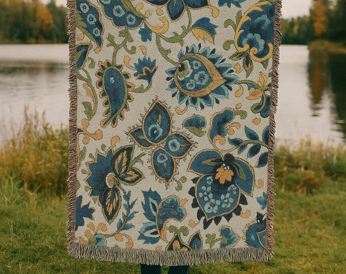 Blue Yellow Floral Woven Blanket – Boho Cotton Tapestry Throw | Cozy Gift
