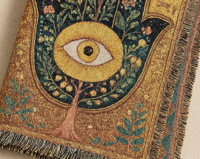 Golden Hamsa Eye Cotton Woven Throw Blanket: Boho Tapestry Art (52x37 inch)