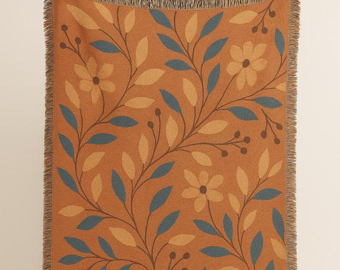 Boho Floral Woven Blanket, 100% Cotton Tapestry Throw, Burnt Orange Floral Design