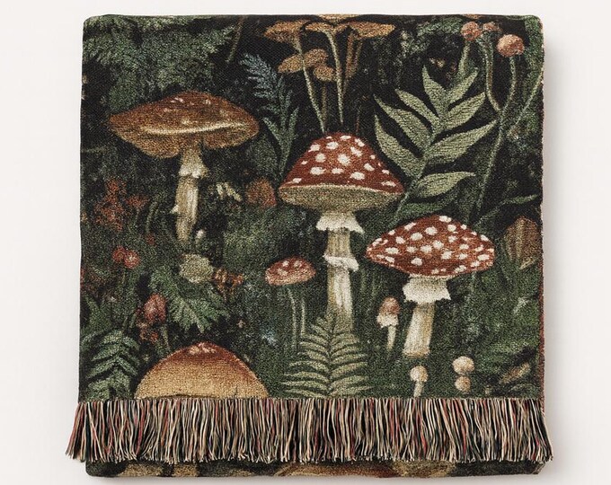 Botanical Mushroom Woven Blanket - %100 Cotton Tapestry -  Decorative Throw for  Boho Style
