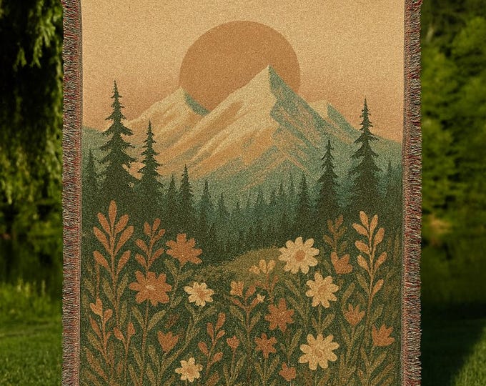 Cozy Mountain Floral Woven Blanket  60 × 80 inches - %100 Cotton Tapestry