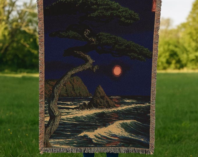 Nature Landscape Woven Blanket – Earth Tone Cotton Throw | Mountain Sunset Decor Gift