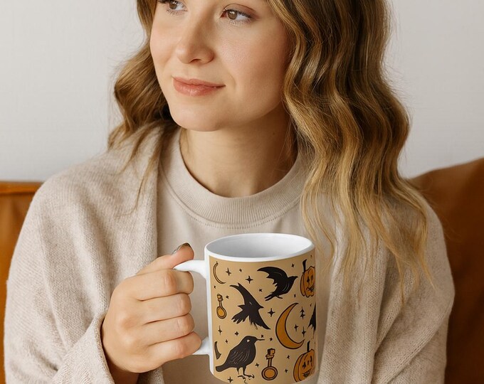 Harvest Moon Ceramic Coffee Mug: Halloween Autumn Decor, Witchy Gift