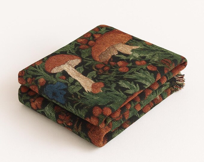 Woven Cotton Throw Blanket: Mushroom Tapestry, Fringed Boho Decor