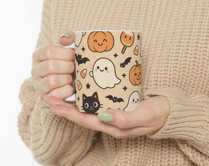 Halloween Ceramic Mug: Spooky Ghosts, Cats & Pumpkins