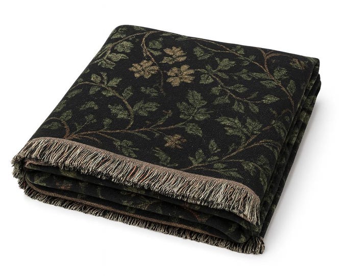 Boho Botanical Forest Green Woven Cotton Blanket – Cozy Tapestry Throw for Living Room & Gift