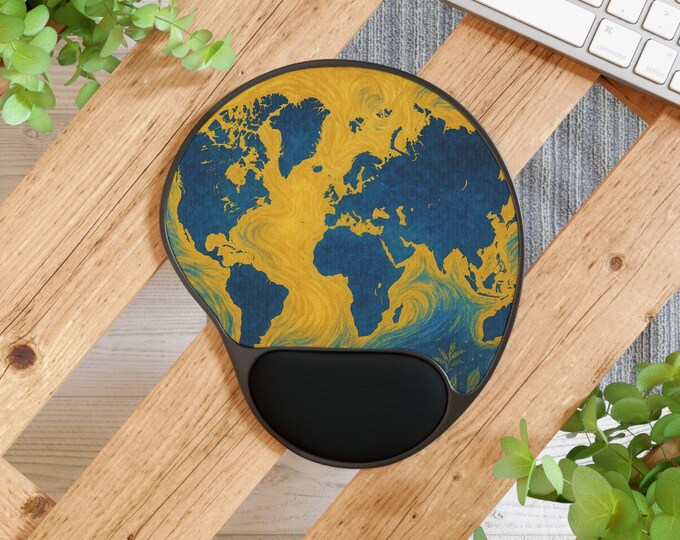 Inverted World Map Memory Foam Mouse Pad: Gold & Blue Art Desk Mat