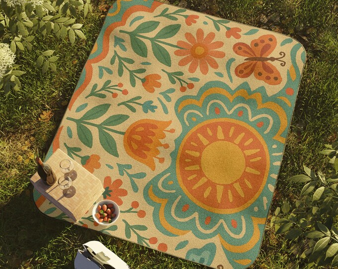 Bohemian Floral Picnic Blanket: Water-Resistant Polyester Fleece