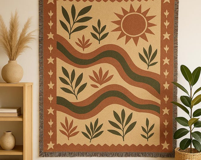 Boho Botanical Woven Cotton Blanket – Earthy Sun & Leaf Throw
