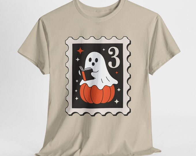 Halloween Ghost Stamp Tee: Unisex Heavy Cotton Spooky Costume