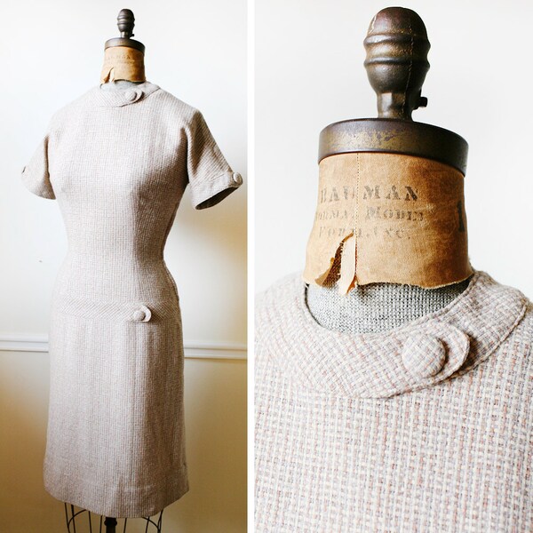 Vintage 1950s JOAN HOLLOWAY Neutral Woven Day Dress XS/S