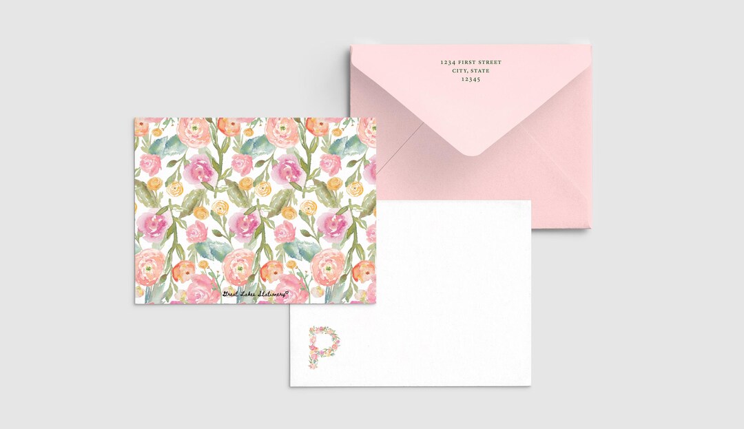 Watercolor Floral Initial Stationery Set | Personalized Notecards - Etsy