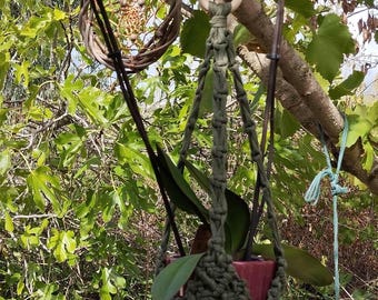 Een handgemaakte olijfgroene macramé plantenhouder. Om een vleugje natuur in huis te halen.