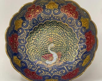 Cuenco de latón con forma de pavo real, de estilo cloisonné indio antiguo, con pedestal.