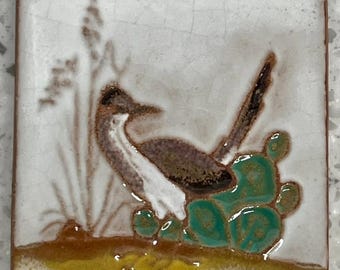 Azulejo artístico Gila Pottery / McKusick / Southwestern – Azulejo Roadrunner – 3” x 3”