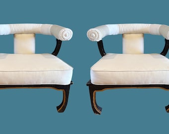 Pair (2) of James Mont Style Asian Ming Chairs - Ivory and Black lacquer