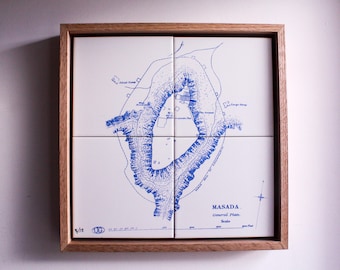 Masada Map Tile Art, Handmade Historical Ceramic Wall Decor, 4-Tile Set