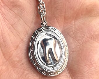Small tooth locket necklace tooth Jewelry, antique silver finish buy online
