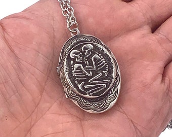 Skeleton Lovers Locket Necklace original design carving made in NYC