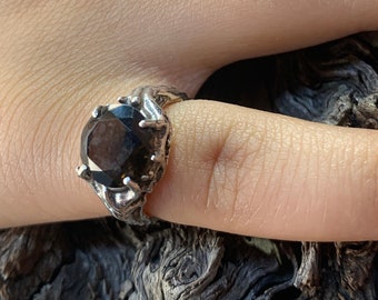 Silver Smokey Quartz Ring, Silver Tree Ring, Moon Ring Made in NYC