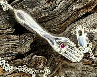 Victorian hand necklace ruby spoon in sterling silver  Made in NYC