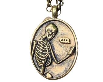 Left on read Skeleton with a cell phone necklace solid  bronze  Blue Bayer Design NYC