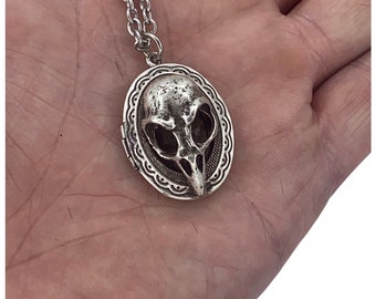 Small Bird Skull Locket, in Antique Silver, Made in NYC