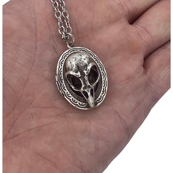 Small Bird Skull Locket, in Antique Silver, Made in NYC