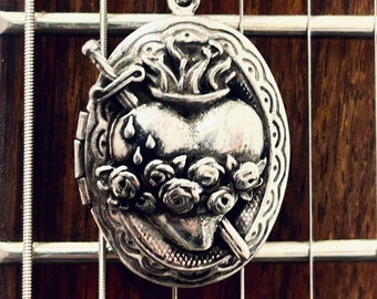 Sacred Heart Locket Necklace Anatomical Heart Jewelry antique silver finish made in NYC