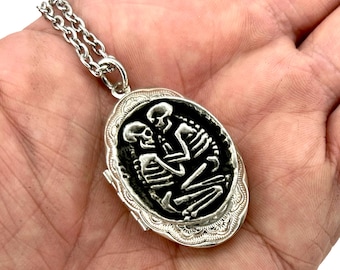 Skeleton Lovers Locket Necklace original design carving made in NYC
