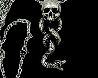 The Large Mark of the Dark skull snake necklace  solid cast pewter silver plated made in NYC