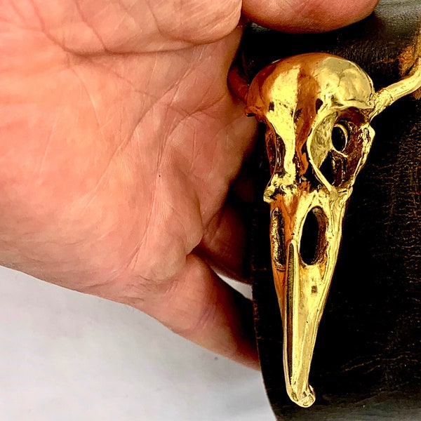 Crow skull belt buckle life sized in solid pewter gold plated made in NYC