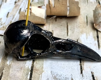 Black gun metal plated metal Crow Skull incense burner Life Sized Made in NYC