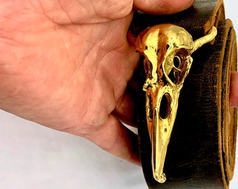 Crow skull belt buckle life sized in solid pewter gold plated made in NYC